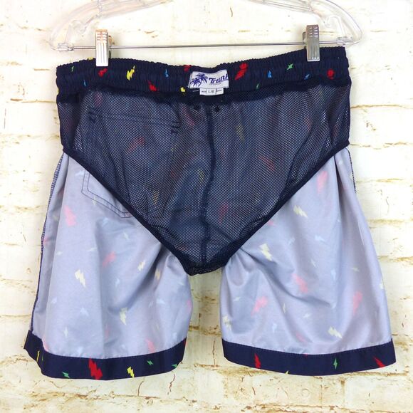 Trunks Surf & Swim Sano Shorts Men L Navy Blue Lighting Bolts Brief Lining Beach - Picture 12 of 12